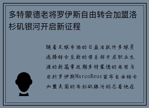 多特蒙德老将罗伊斯自由转会加盟洛杉矶银河开启新征程