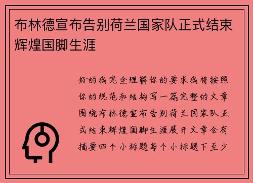 布林德宣布告别荷兰国家队正式结束辉煌国脚生涯